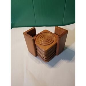 Vintage MCM Dolphin Square Brown Teakwood Coaster Rack Set w/6 Coasters